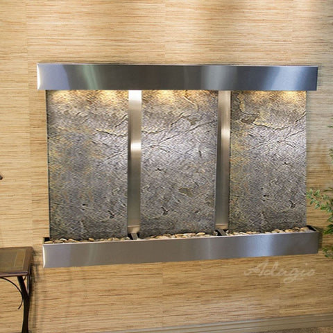 Adagio Olympus Falls Wall Fountain for Offices and Open Spaces With Console Table and Green Leaves-Green Feather Stone-Stainless Steel-Squared