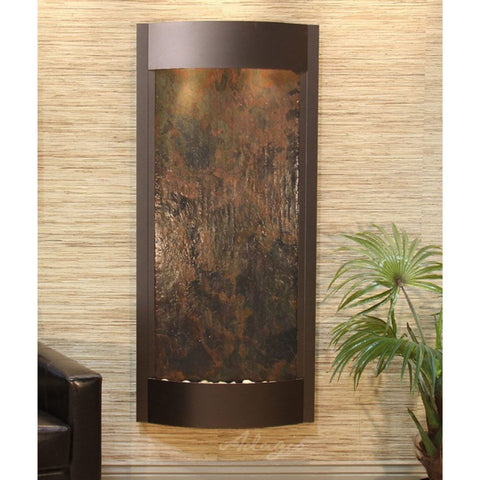 Adagio Pacifica Waters Contemporary Wall Fountain With Chocolate Brown  Leather and Plants-Multi-Color Feather Stone-Antique Bronze