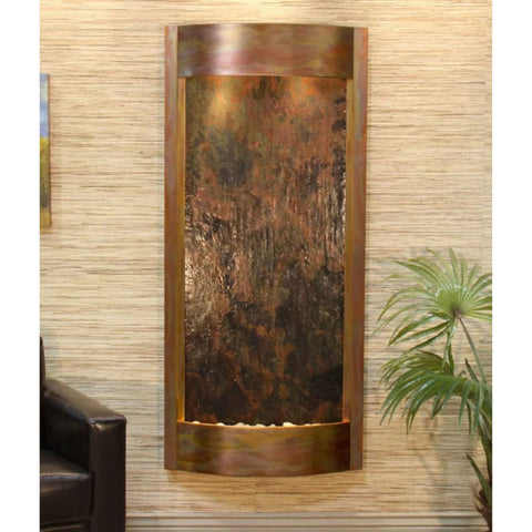 Adagio Pacifica Waters Wall Fountain For Serene Décor Or Entryways With Chocolate Brown  Leather and Plants-Multi-Color Feather Stone-Rustic Copper