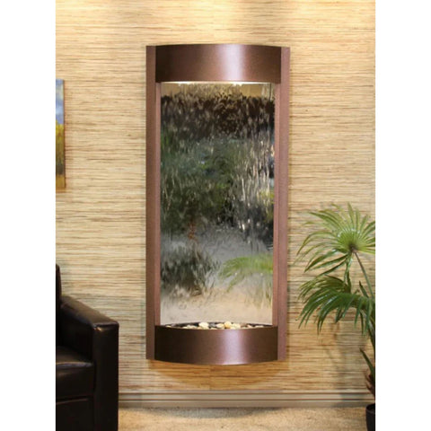 Adagio Pacifica Waters Wall Fountain for serene décor or entryways With Chocolate Brown Leather and Anahaw Palm Plants