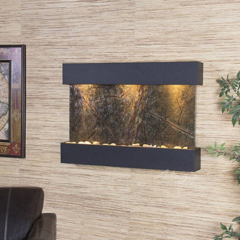 Adagio Reflection Creek Wall Fountain With Small Metal Sculptural Biycle and Green Leaves-Rainforest Green Marble-Woodland Brown