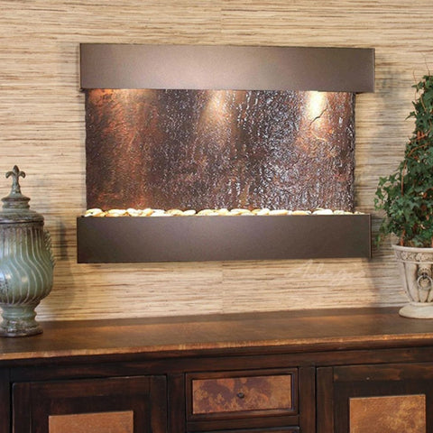 Adagio Reflection Creek Wall Fountain With Wooden Sideboard-style Console and Green Accent