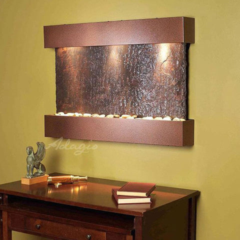 Adagio Reflection Creek Wall Fountain With Yellow Painted Wall and Decors-Multi-Color Slate-Copper Vein