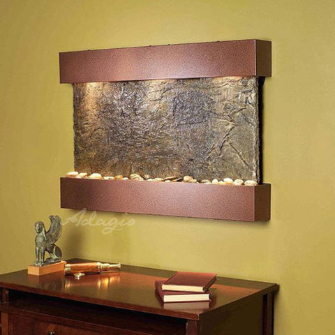 Adagio Reflection Creek Wall Fountain for Living Rooms or Halls With Books and Decor on the Wooden Console Table