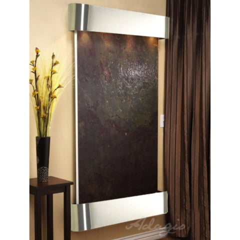 Adagio Summit Falls Wall Fountain With Yellow Tone Wall and Chocolate Brown Curtain
