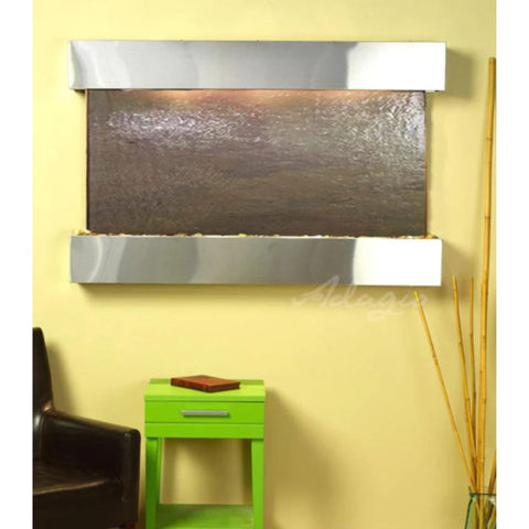 Adagio Sunrise Springs Modern Water Wall Fountain Front View With Small Green Table