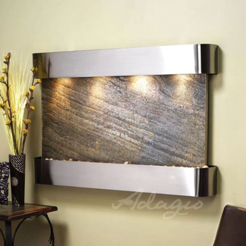 Adagio Sunrise Springs Wall Fountain Angled View With Artificial Flowers