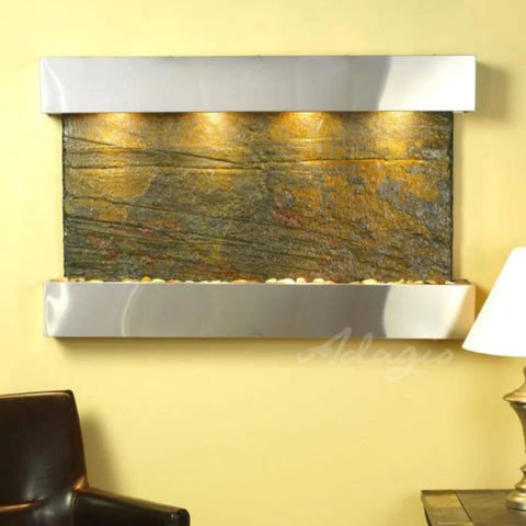 Adagio Sunrise Springs Wall Fountain With Yellow Wall Accent and Lampshades