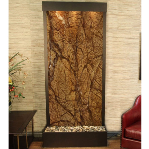 Adagio Tranquil River Indoor Water Feature Floor Fountain - Rear Mount Besides the Small Table and a Couch-Rainforest Brown Marble Antique Bronze White