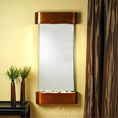 Adagio Water Features Cascade Springs Wall Fountain Tall Brown Vases With Green Grass Plants And Silky Brown Curtain