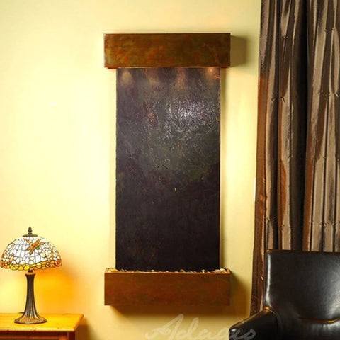 Adagio Water Features Cascade Springs Wall Fountain With A Tiffany-style Stained Glass Table Lamp With Silky Brown Curtain