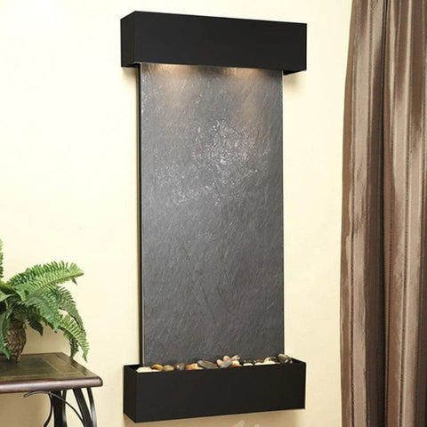 Adagio Water Features Cascade Springs Wall Fountain With Fern Plants Placed In A Woven Basket Pot And Silky Brown Curtain