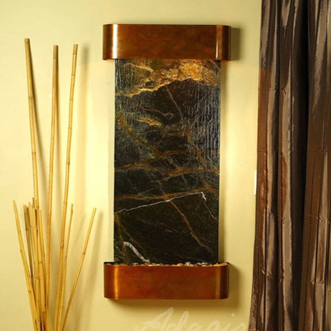 Adagio Water Features Cascade Springs Wall Fountain With Silky Brown Curtain And Dried Bamboo Sticks-Rainforest Green Marble Rustic Copper-Rounded