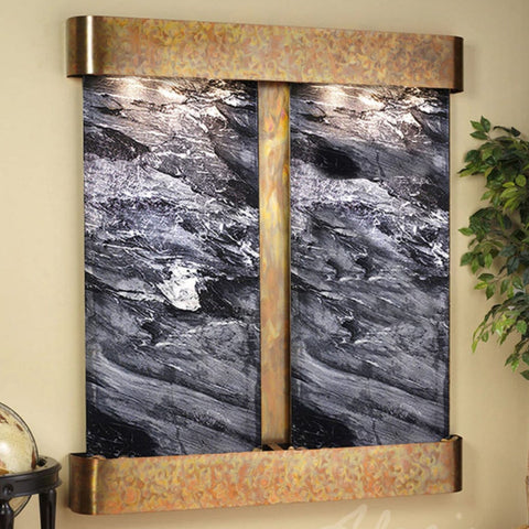 Adagio Water Features Cottonwood Falls Wall Fountain With Globe Décor And Green Leaves-Rustic Copper Trim And Black Spider Marble-Rounded Corners