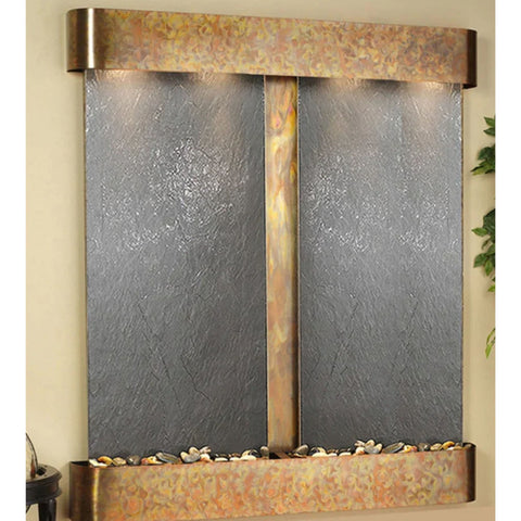Adagio Water Features Cottonwood Falls Wall Fountain With Green Leaves-Rustic Copper Trim And Black Featherstone-Rounded Corners