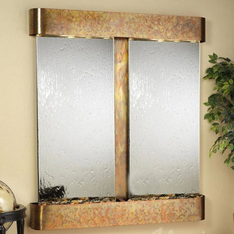 Adagio Water Features Cottonwood Falls Wall Fountain With Green Plant And Globe-Rustic Copper Silver Mirror Round Corners