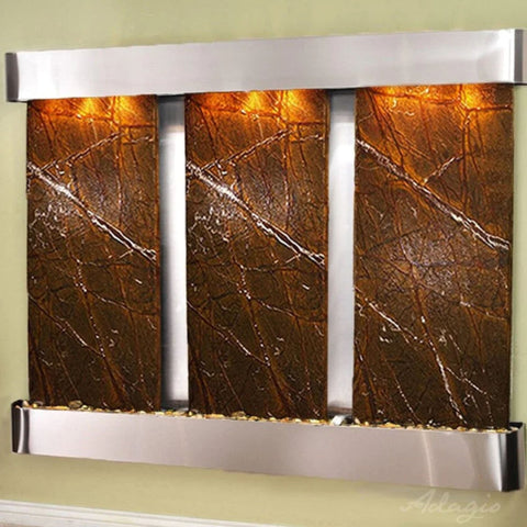 Adagio Water Features Deep Creek Falls Wall Fountain Rainforest Brown Marble Stainless Steel Rounded