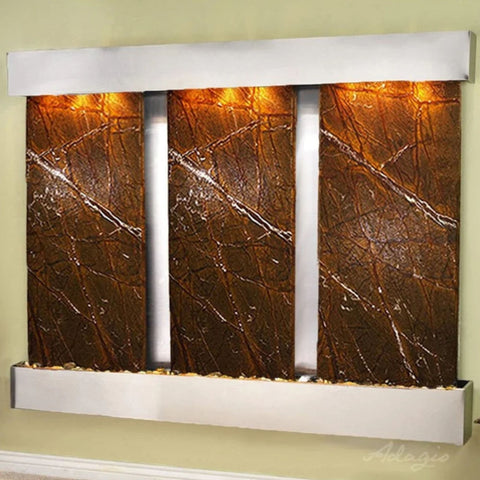 Adagio Water Features Deep Creek Falls Wall Fountain Rainforest Brown Marble Stainless Steel Squared