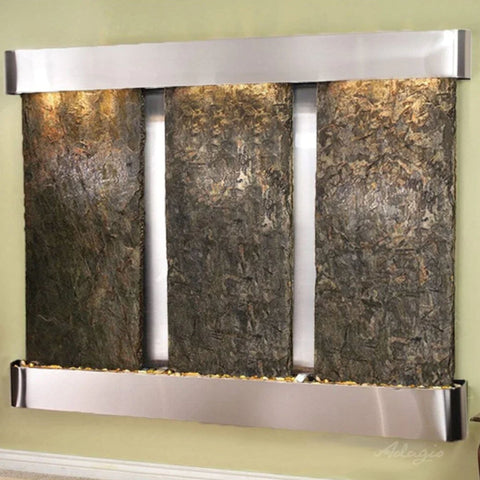 Adagio Water Features Deep Creek Falls Wall Fountain With Green Leaves-Green Slate Stainless Steel Rounded Corners