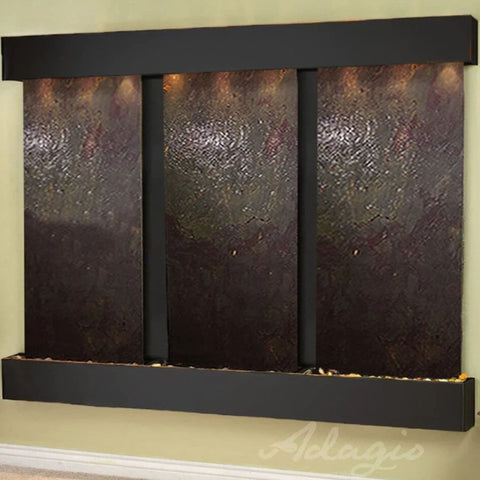 Adagio Water Features Deep Creek Falls Wall Fountain With Greenish Wall Paint-Multi Color Feather Stone Blackened Copper Squared