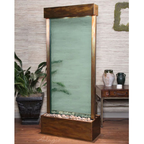 Adagio Water Features Harmony River Floor Fountain - Center Mount With Potted Green Plants Wooden Side Table Ceramic Vases