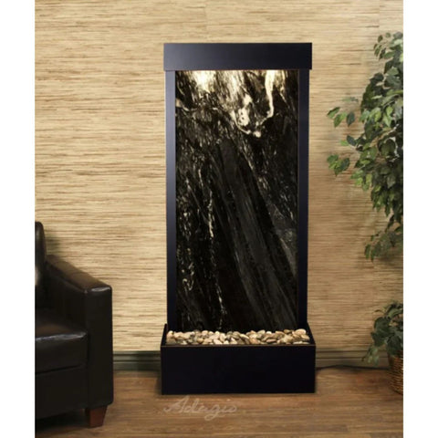 Adagio Water Features Harmony River Floor Water Fountain - Rear Mounted With Leather Chair and Green Leaves