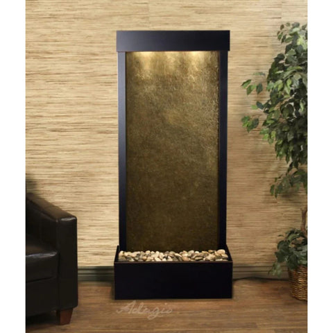 Adagio Water Features Harmony River Floor Water Fountain - Rear Mounted With Plants in Brown Woven Planter and Chair