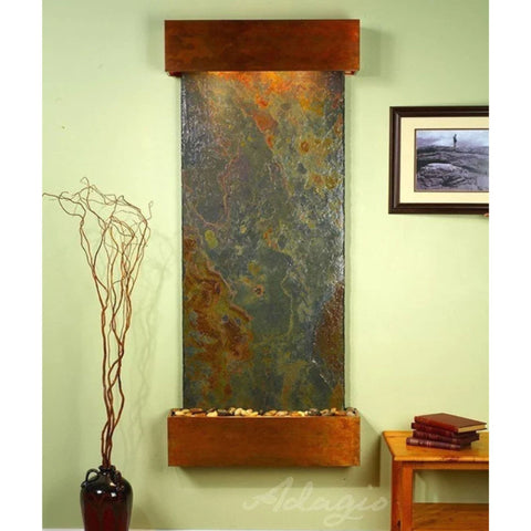 Adagio Water Features Inspiration Falls Wall Fountain With Dried Root Decor in Ceramic Pot-Rajah Slate with Rustic Copper Trim and Square Corner