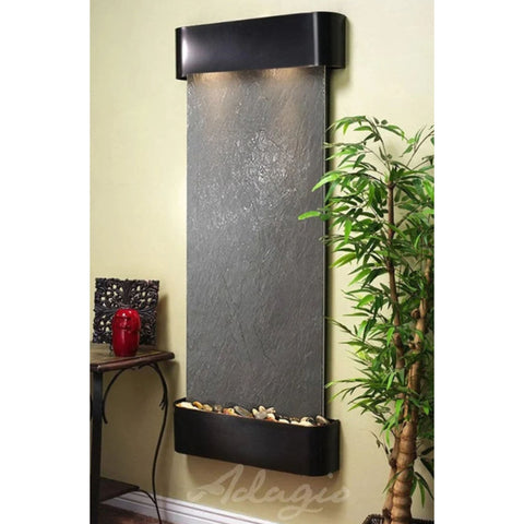 Adagio Water Features Inspiration Falls Wall Fountain With Plants and Metal Decor-Black Feather stone with Blackened Copper Trim and Round Corners