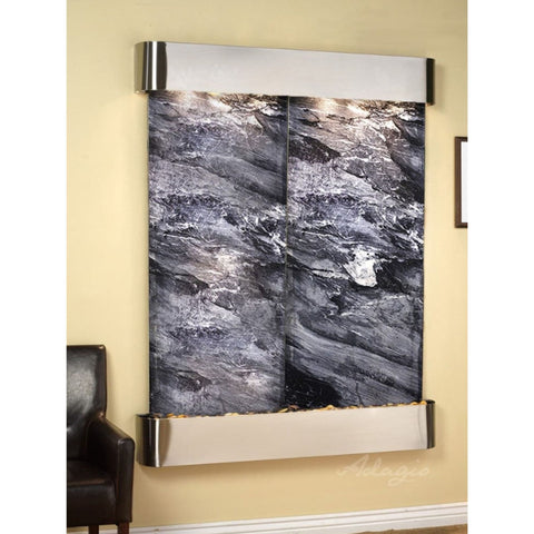 Adagio Water Features Majestic River Wall Fountain With Black Leather Chair-Black Spider Marble-Stainless Steel-Rounded