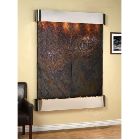 Adagio Water Features Majestic River Wall Fountain With Black Leather Chair-Multi-Color Slate-Stainless Steel-Rounded