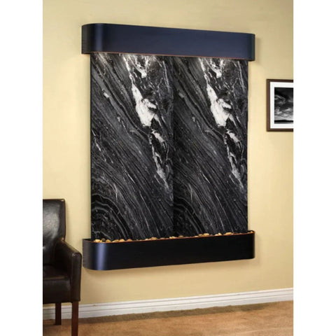 Adagio Water Features Majestic River Wall Fountain With Black Leather Chair and Wall Frame-Black Spider Marble-Blackened Copper-Rounded-Corners