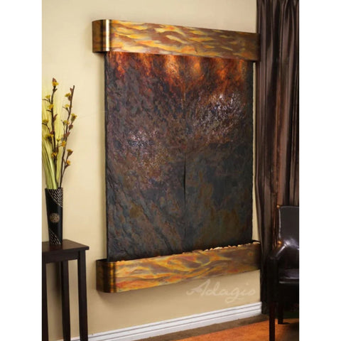 Adagio Water Features Majestic River Wall Fountain With Chocolate Brown Chair and Curtain-Multi-Color Slate-Rustic Copper-Rounded