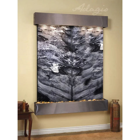 Adagio Water Features Majestic River Wall Fountain With metal Cannister Decor-Black Spider Marble-Stainless Steel-Squared