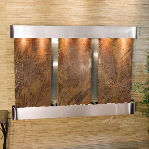 Adagio Water Features Olympus Falls Wall Fountain With Green Plants-Rainforest Brown Marble-Stainless Steel-Rounded