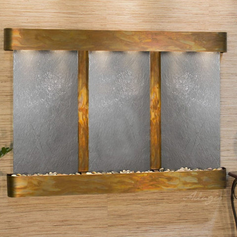 Adagio Water Features Olympus Falls Wall Fountain With Neutral Textured Wall-Black Feather Stone-Rustic Copper-Rounded