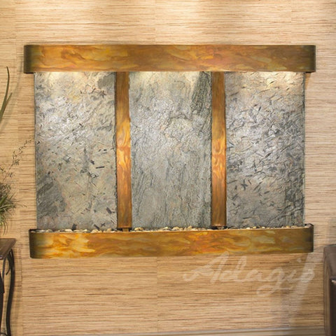 Adagio Water Features Olympus Falls Wall Fountain With Neutral Textured Wall Accent-Green Slate-Rustic Copper-Rounded