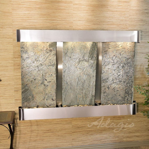 Adagio Water Features Olympus Falls Wall Fountain With Plants-Green Slate-Stainless Steel-Rounded