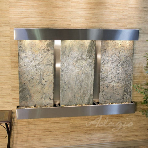 Adagio Water Features Olympus Falls Wall Fountain With Plants-Green Slate-Stainless Steel-Squared