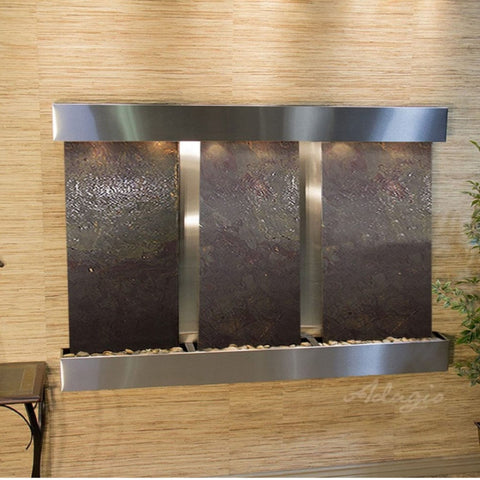 Adagio Water Features Olympus Falls Wall Fountain With Plants and Console Table-Multi-Color Feather Stone-Stainless Steel-Squared