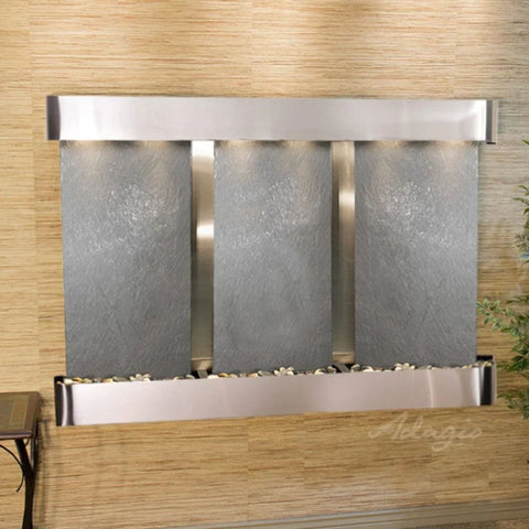 Adagio Water Features Olympus Falls Wall Fountain With Textured Wall and Console Table-Black Feather Stone-Stainless Steel-Squared