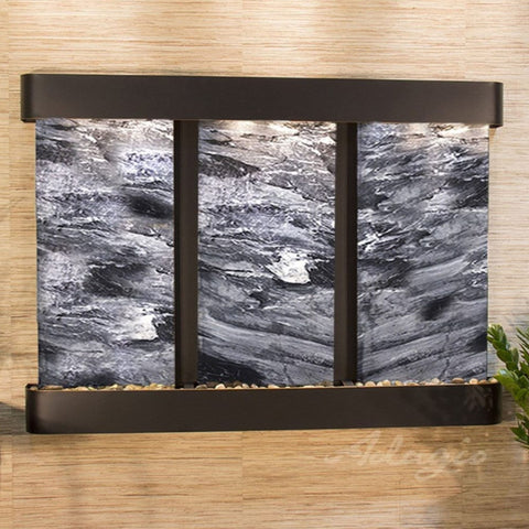 Adagio Water Features Olympus Falls Wall Fountain With Textured Wall and Green Plants-Black Spider Marble-Blackened Copper-Rounded