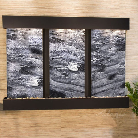 Adagio Water Features Olympus Falls Wall Fountain With Textured Wall and Green Plants-Black Spider Marble-Blackened Copper-Squared