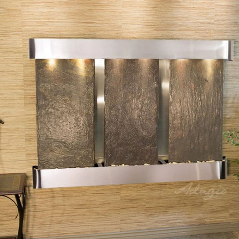 Adagio Water Features Olympus Falls Wall Fountain With Textured Wall and Table-Multi-Color Slate-Stainless Steel-Rounded