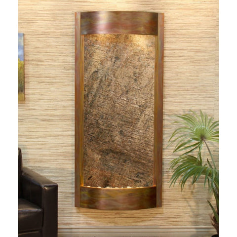 Adagio Water Features Pacifica Waters Wall Fountain With Palm Plant and Leather Couch-Green Feather Stone-Rustic Copper