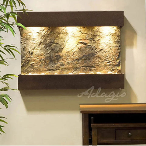 Adagio Water Features Reflection Creek Wall Fountain With Green Leaves and Cabinet-Green Slate-Copper Vein