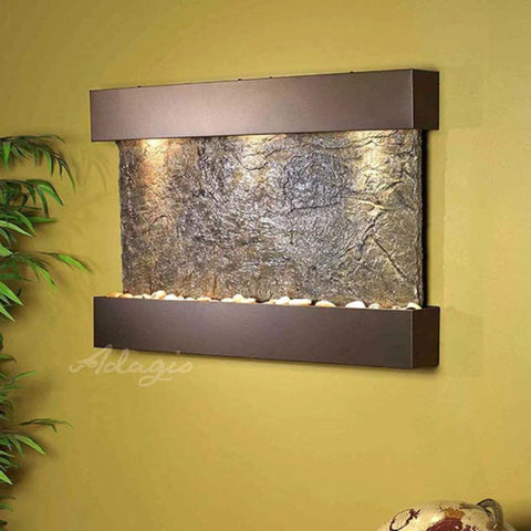 Adagio Water Features Reflection Creek Wall Fountain With Green Leaves and Yellow Accent Background-Green Slate-Antique Bronze