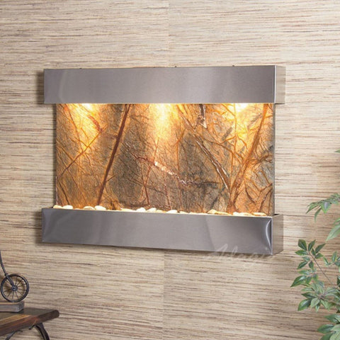 Adagio Water Features Reflection Creek Wall Fountain With Small Bicycle Decor and Minimalist Console Surface