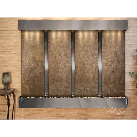 Adagio Water Features Regal Falls Wall Fountain Green Feather Stone-Stainless Steel-Squared-White