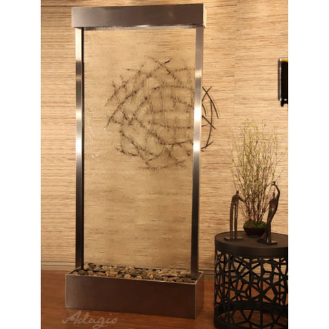 Adagio Water Features Tranquil River Floor Fountain - Center Mount With Textured Walls And Sculptural Decor-Clear Glass-Stainless Steel-White